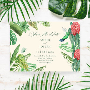 Tropical green leaves jungle save the date