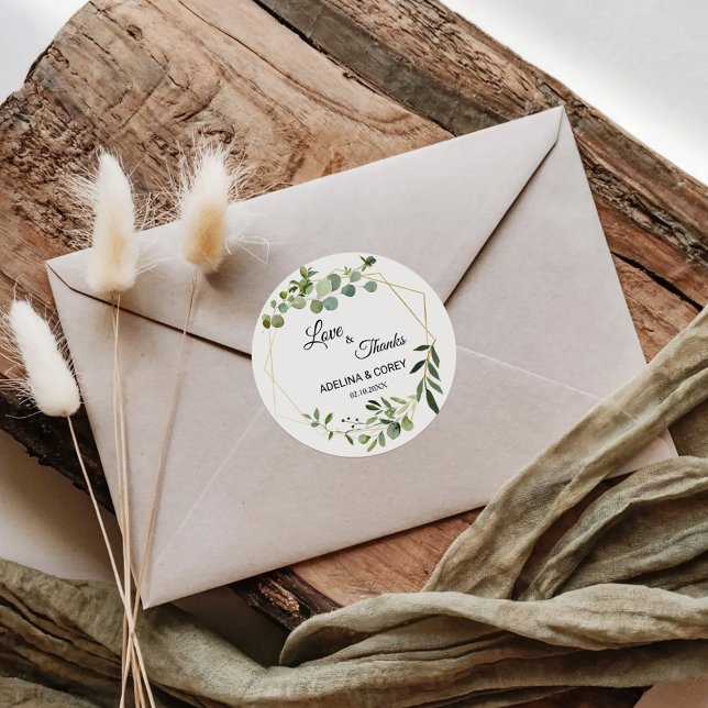 Tropical Green Leaves Love & Thanks Wedding Classic Round Sticker (Creator Uploaded)