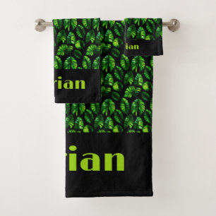 Tropical Green Leaves on Black Personalized Bath Towel Set