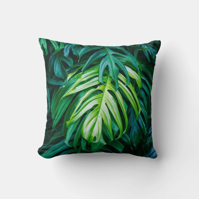 Tropical green leaves on dark background, nature s throw pillow (Front)