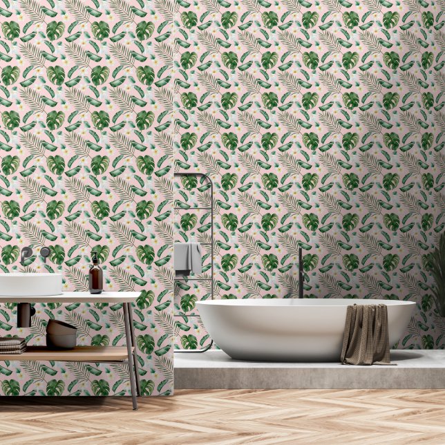 Tropical Green Leaves On Pink Wallpaper (Bathroom)