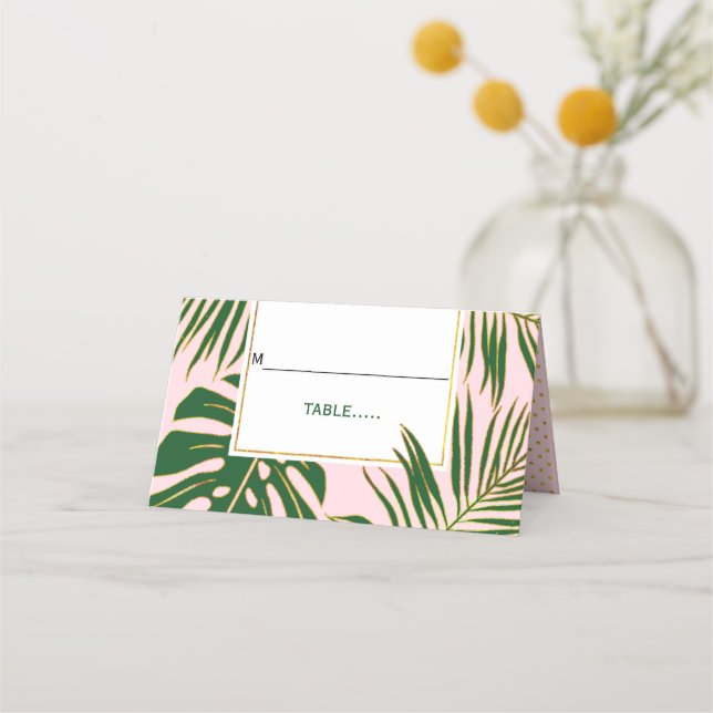 Tropical green leaves pink wedding folded escort place card (Front)