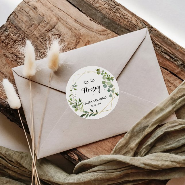 Tropical Green Leaves Sip Sip Hooray Wedding Classic Round Sticker (Creator Uploaded)