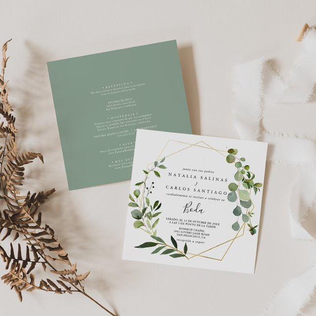 Tropical Green Leaves Spanish Front & Back Wedding Invitation (Creator Uploaded)