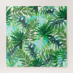 Tropical Green Leaves, Watercolor Seamless. Jigsaw Puzzle