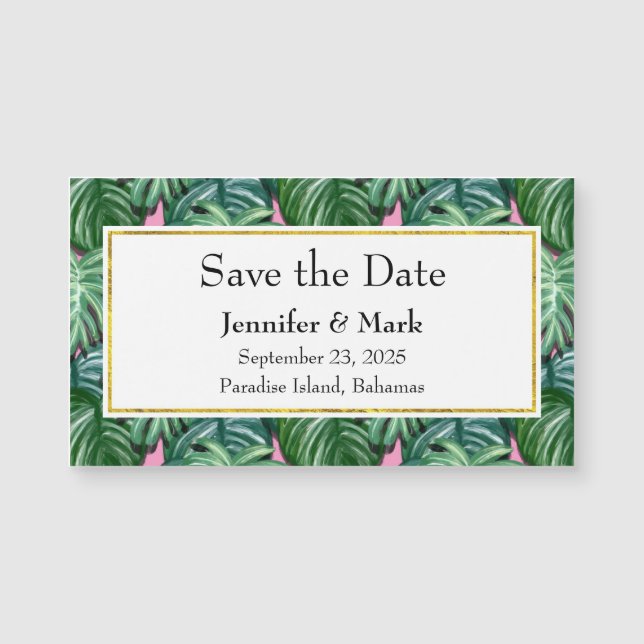 Tropical Green Leaves Wedding Save the Date (Front)