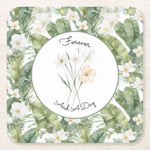 Tropical Green Leaves White Orchids Wedding Square Paper Coaster