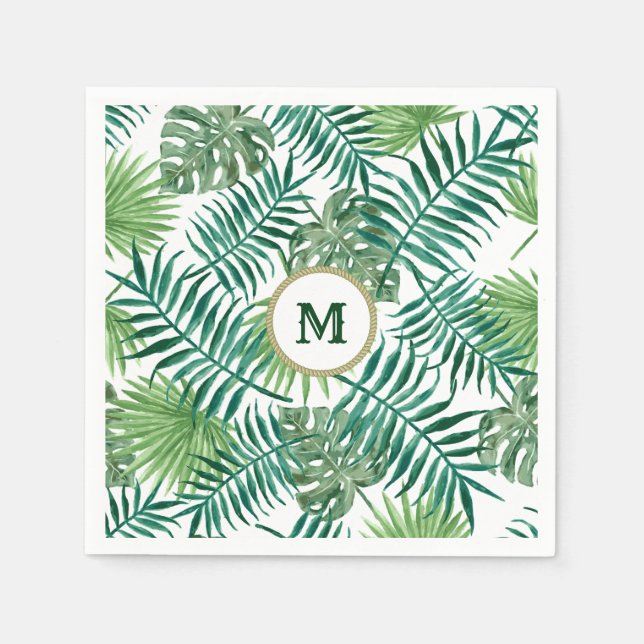 Tropical Green Leaves with Custom Monogram Napkin (Front)
