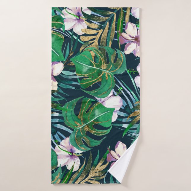 Tropical Green Lilac Gold Monster Leaves Floral Bath Towel (Bath Towel)