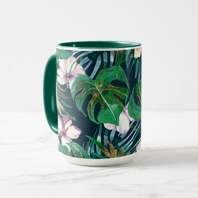 Tropical Green Lilac Gold Monster Leaves Floral Mug (Front Left)