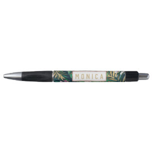 Tropical Green Lilac Gold Monster Leaves Floral Pen