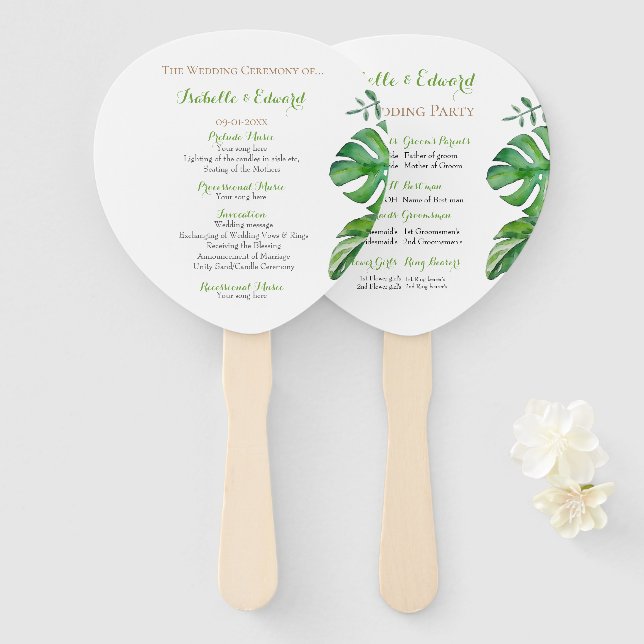 Tropical Green Monster Leaves Wedding Ceremony Han Hand Fan (Front and Back)