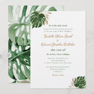 Tropical Green Monstera Leaves Watercolor Art Invitation
