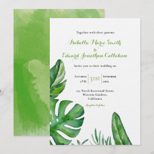 Tropical Green Monstera Leaves Watercolor Wedding  Invitation