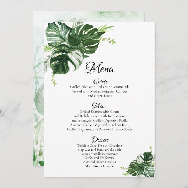 Tropical Green Monstera Leaves Wedding Menu (Front/Back)