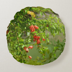 Tropical Green Orange Floral Pomegranate Design Round Pillow