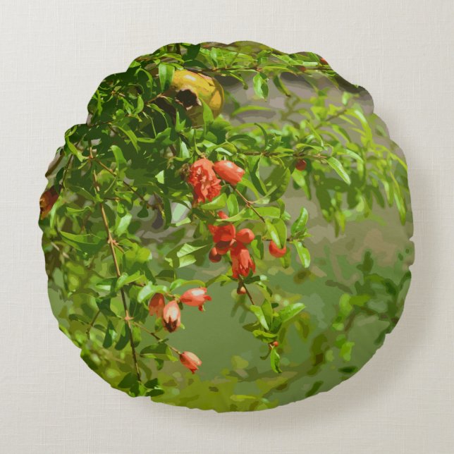 Tropical Green Orange Floral Pomegranate Design Round Pillow (Front)