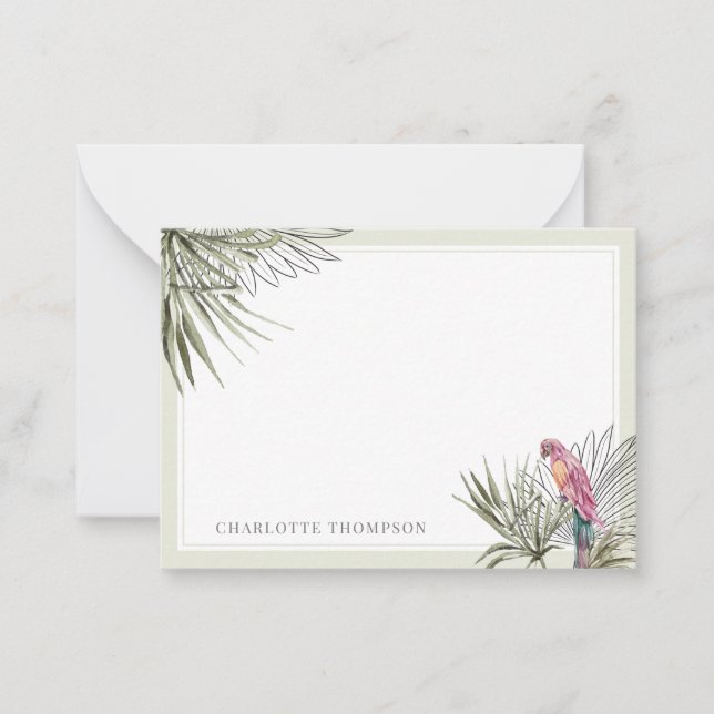 Tropical Green Palm and Parrot Personalized Name Card (Front)