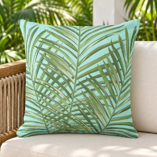 Tropical Green Palm Frond Aqua Pattern Outdoor Pillow
