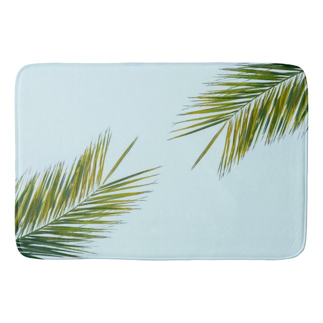Tropical Green Palm Frond on Light Blue Bath Mat (Front)
