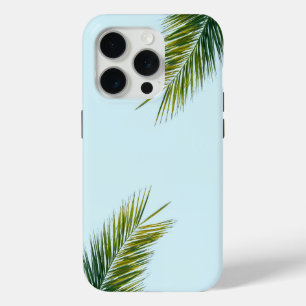 Tropical Green Palm Frond on Light Blue iPhone 15 Pro Case