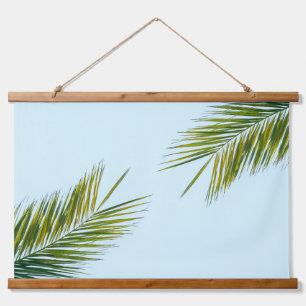Tropical Green Palm Frond on Light Blue Hanging Tapestry