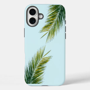 Tropical Green Palm Frond on Light Blue iPhone 16 Plus Case