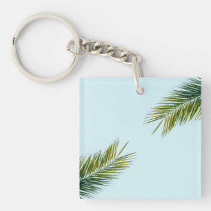 Tropical Green Palm Frond on Light Blue Keychain