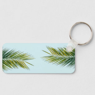 Tropical Green Palm Frond on Light Blue Keychain