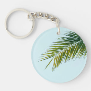 Tropical Green Palm Frond on Light Blue Keychain
