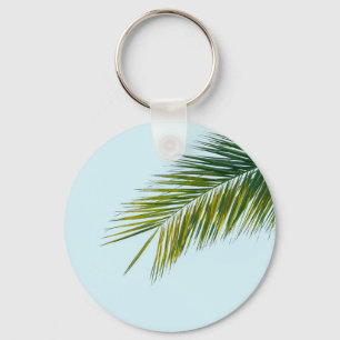 Tropical Green Palm Frond on Light Blue Keychain