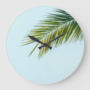 Tropical Green Palm Frond on Light Blue Large Clock