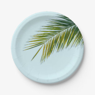 Tropical Green Palm Frond on Light Blue Paper Plate
