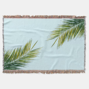 Tropical Green Palm Frond on Light Blue Throw Blanket