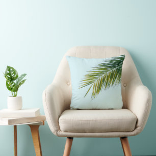 Tropical Green Palm Frond on Light Blue Throw Pillow
