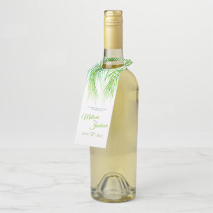 Tropical green palm frond watercolor art wedding bottle tag