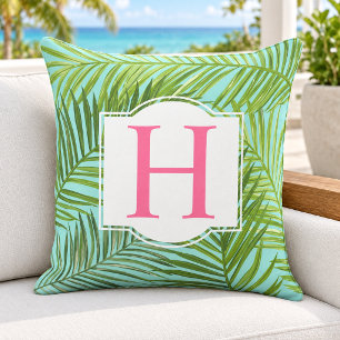 Tropical Green Palm Leaf Aqua Monogram Initial Outdoor Pillow