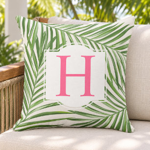 Tropical Green Palm Leaf Beige Monogram Initial Outdoor Pillow
