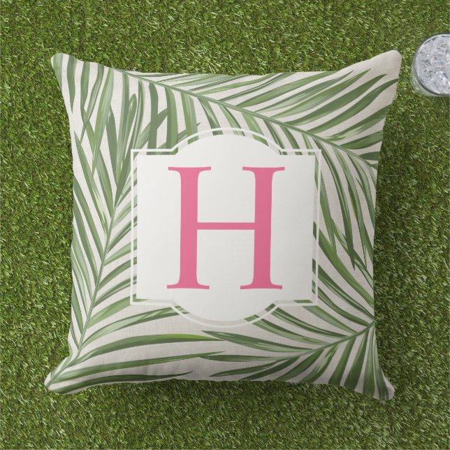 Tropical Green Palm Leaf Beige Monogram Initial Outdoor Pillow (Grass)