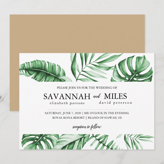 Tropical Green Palm Leaf Border Wedding Invitation (Front/Back)