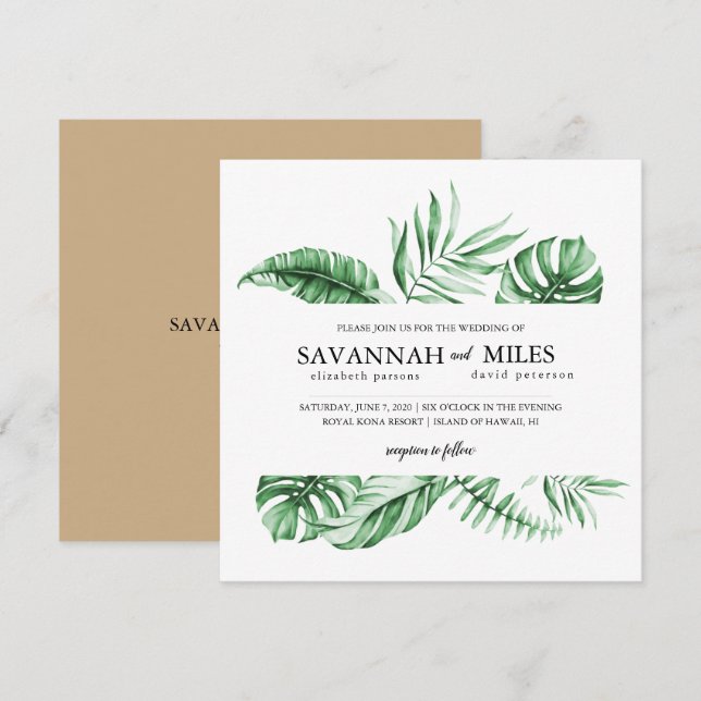 Tropical Green Palm Leaf Border Wedding Invitation (Front/Back)