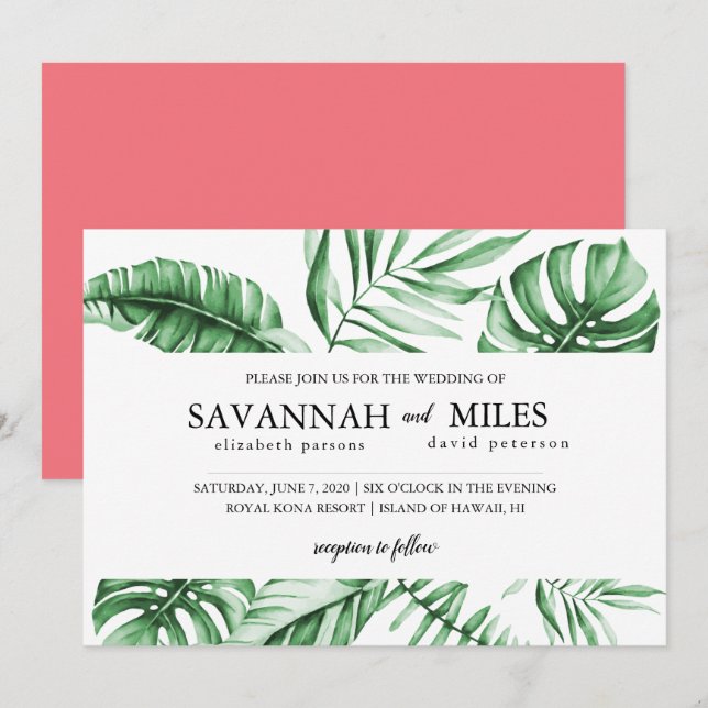 Tropical Green Palm Leaf Faire-part de mariage fro (Devant / Derrière)