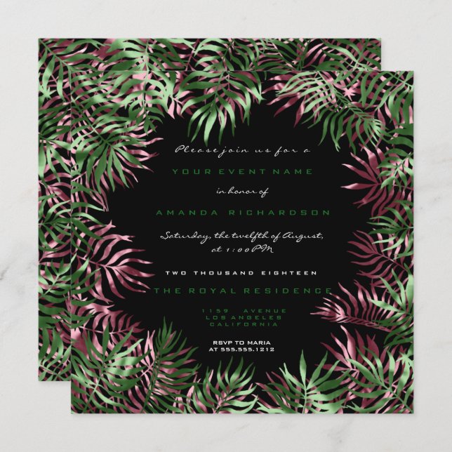Tropical Green Palm Leaf Frame Black Whit Burgundy Invitation (Front/Back)