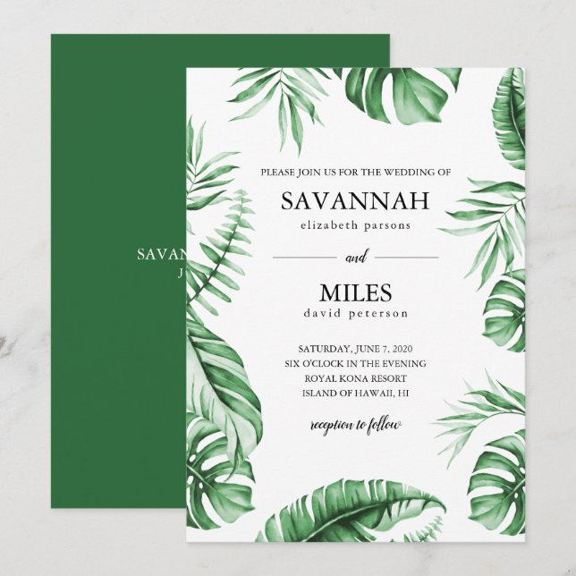 Tropical Green Palm Leaf Frame Faire-part de maria (Devant / Derrière)