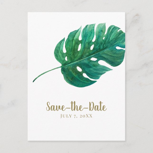 Tropical Green Palm Leaf Hawaiian Save the Date Announcement Postcard (Front)