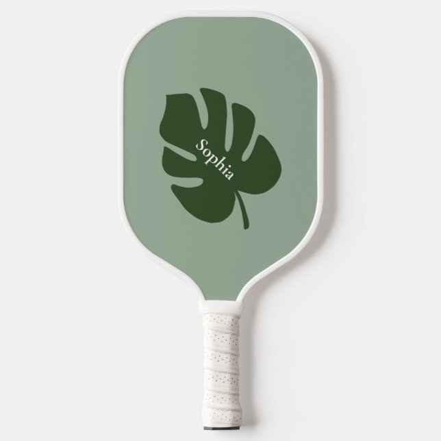 Tropical Green Palm Leaf  | Modern Monogram  Pickleball Paddle (Front)