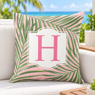 Tropical Green Palm Leaf Pink Monogram Initial Outdoor Pillow
