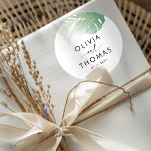 Tropical Green Palm Leaf Wedding Favor Classic Round Sticker