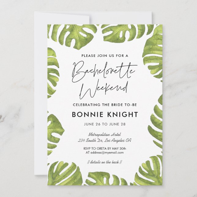 Tropical green palm leaves Bachelorette Weekend Invitation (Front)