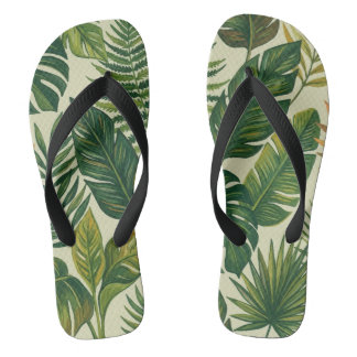 Tropical Green Palm Leaves Botanical Pattern Flip  Flops